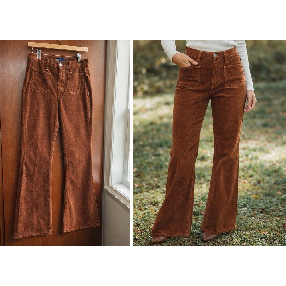GAP Corduroy Flare Pants Brown 70s Style High Rise Size 27 Womens Retro Wide Leg